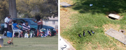 dancing, trash at a cemetary